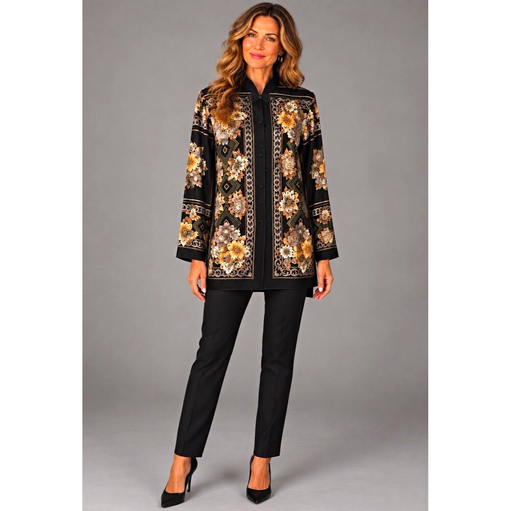 Kain Stevens vintage Black Floral Satin Rayon Button Front Mandarin Tunic size 8